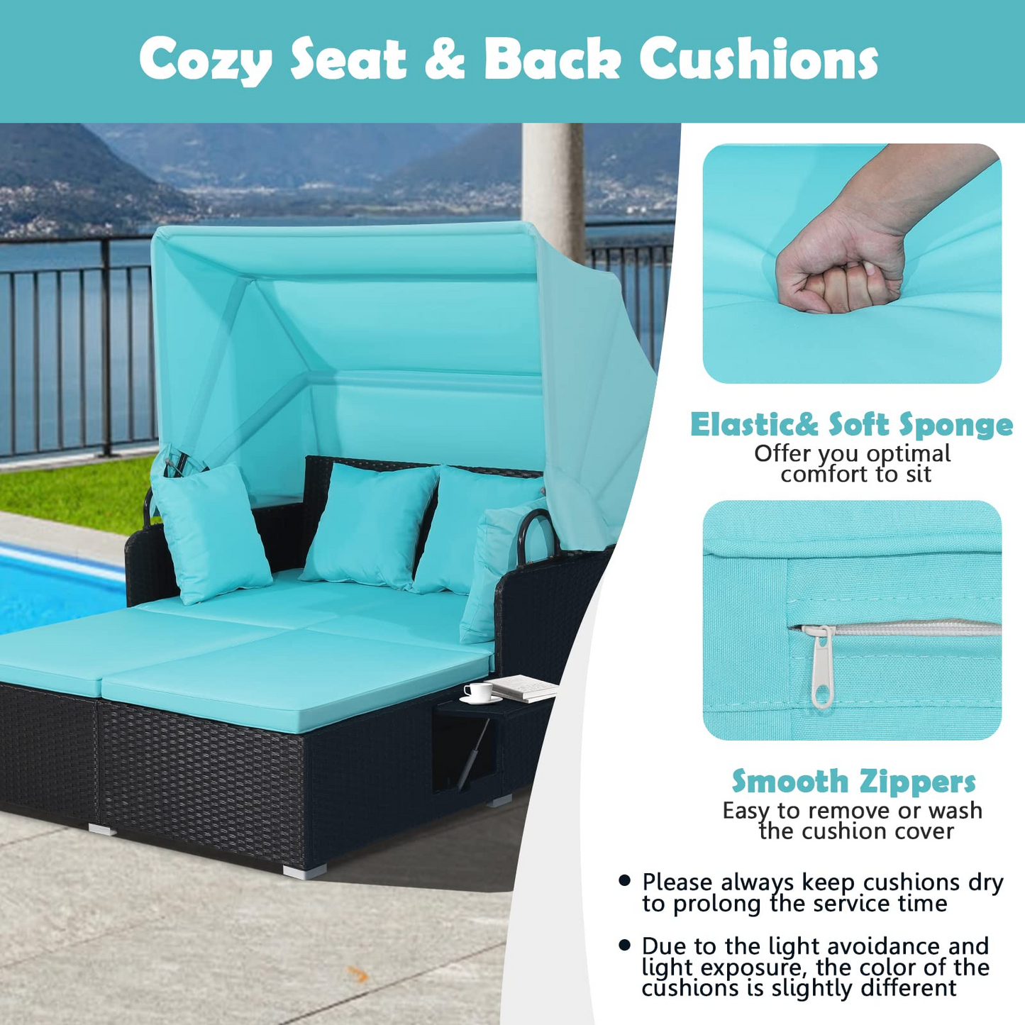 Tangkula Patio Rattan Daybed, Patiojoy Wicker Daybed Loungerw/Retractable Canopy, 2 Foldable Side Panels