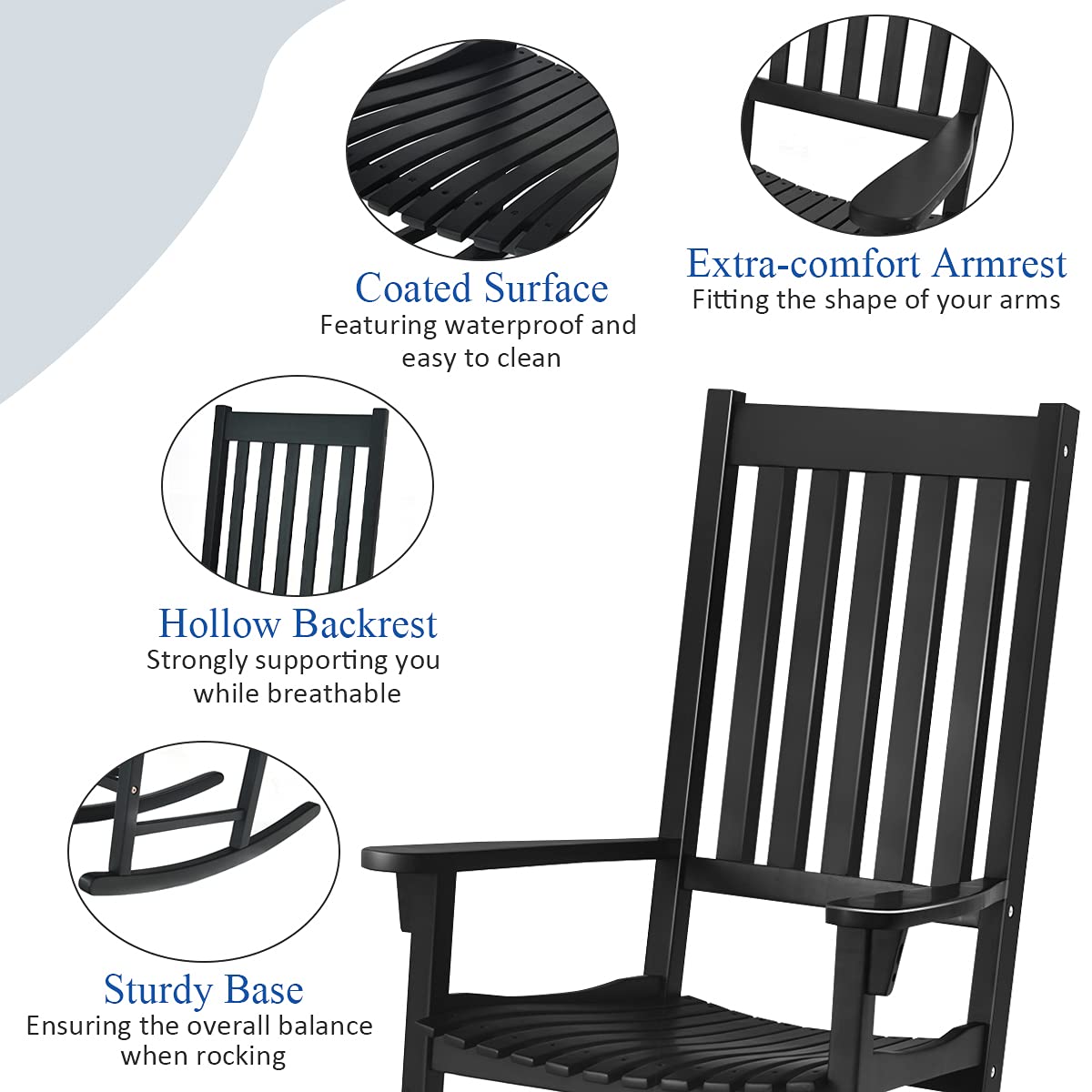 Acacia Wood Porch Rocking Chair, Wooden Rocking Chair Rocker with High Back & Armrest