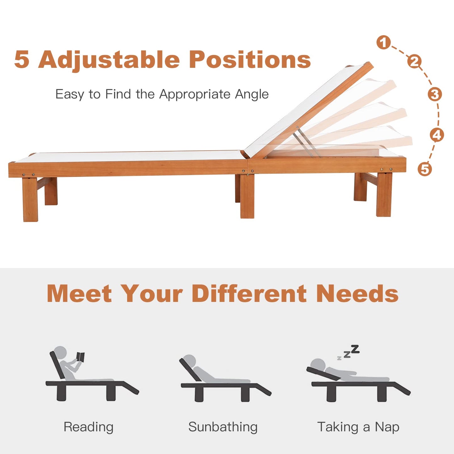 Tangkula Outdoor Wood Chaise Lounge Chair with 5 Position Adjustable Back