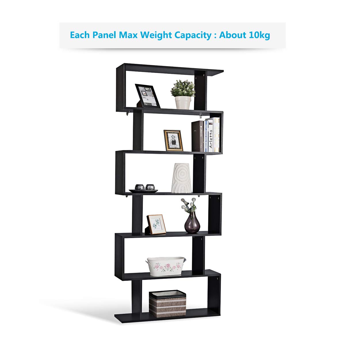 6 Shelf Bookcase, Modern S-Shaped Z-Shelf Style Bookshelf