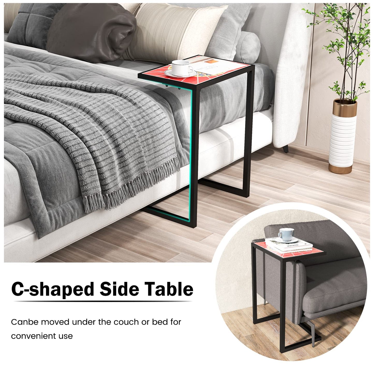 Tangkula C-Shaped Outdoor Side Table, Patio Snack Table w/Ceramic Top & Anti-Rust Metal Frame