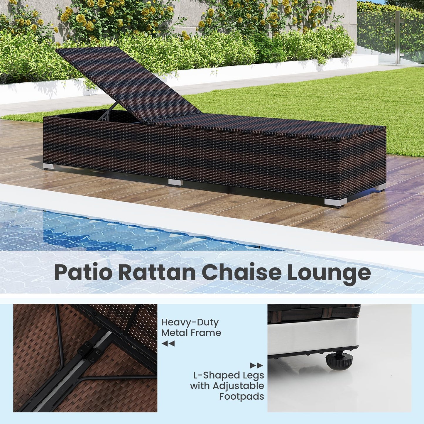 Tangkula Outdoor Chaise Lounge, Patio Wicker Lounge Chair w/ 4-Level Backrest, Heavy-Duty Metal Frame
