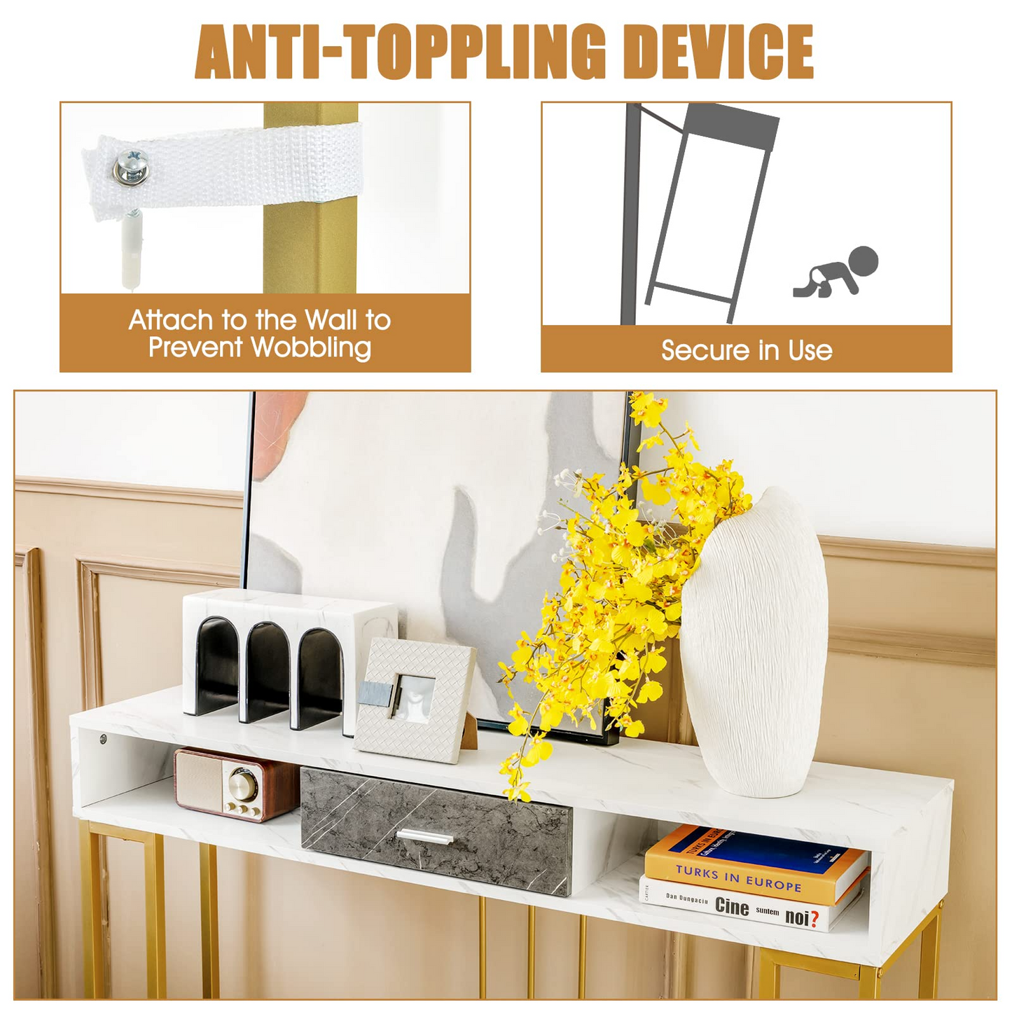 Tangkula Console Table with Drawer, 48" 2-Tier Faux Marble Sofa Table with Golden Steel Frame