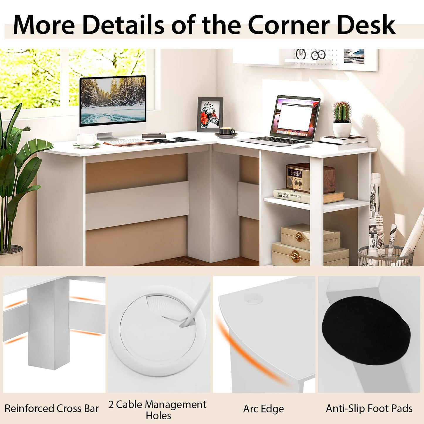 Tangkula White L Shaped Desk with Storage Shelves