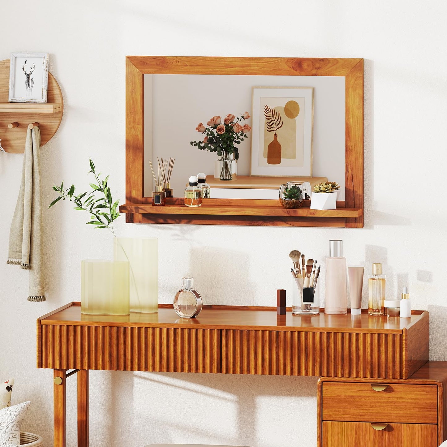 Tangkula Farmhouse Wall Mirror with Shelf 27.5 x 20 Inch Rectangle Decorative Mirror