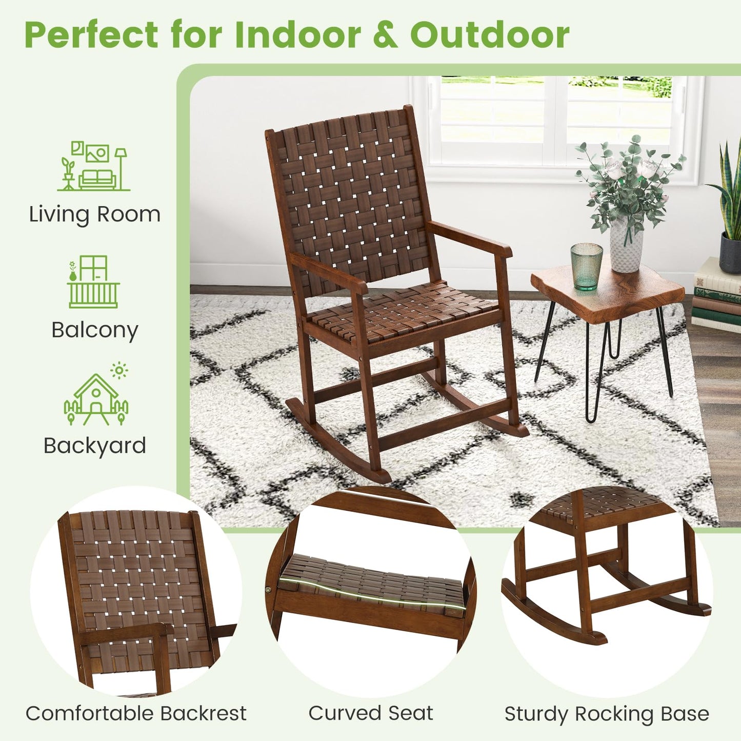 Tangkula Wood Rocking Chair, Indoor Outdoor Rocking Chair, Safe & Smooth Rocking Motion