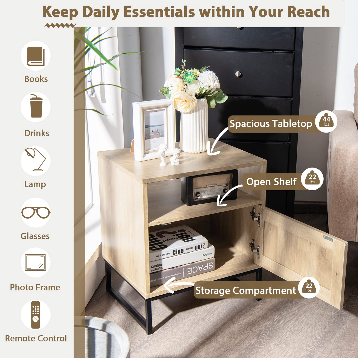 Tangkula Rattan End Table, Indoor Sofa Side Table with Shelf & Rattan Door Cabinet
