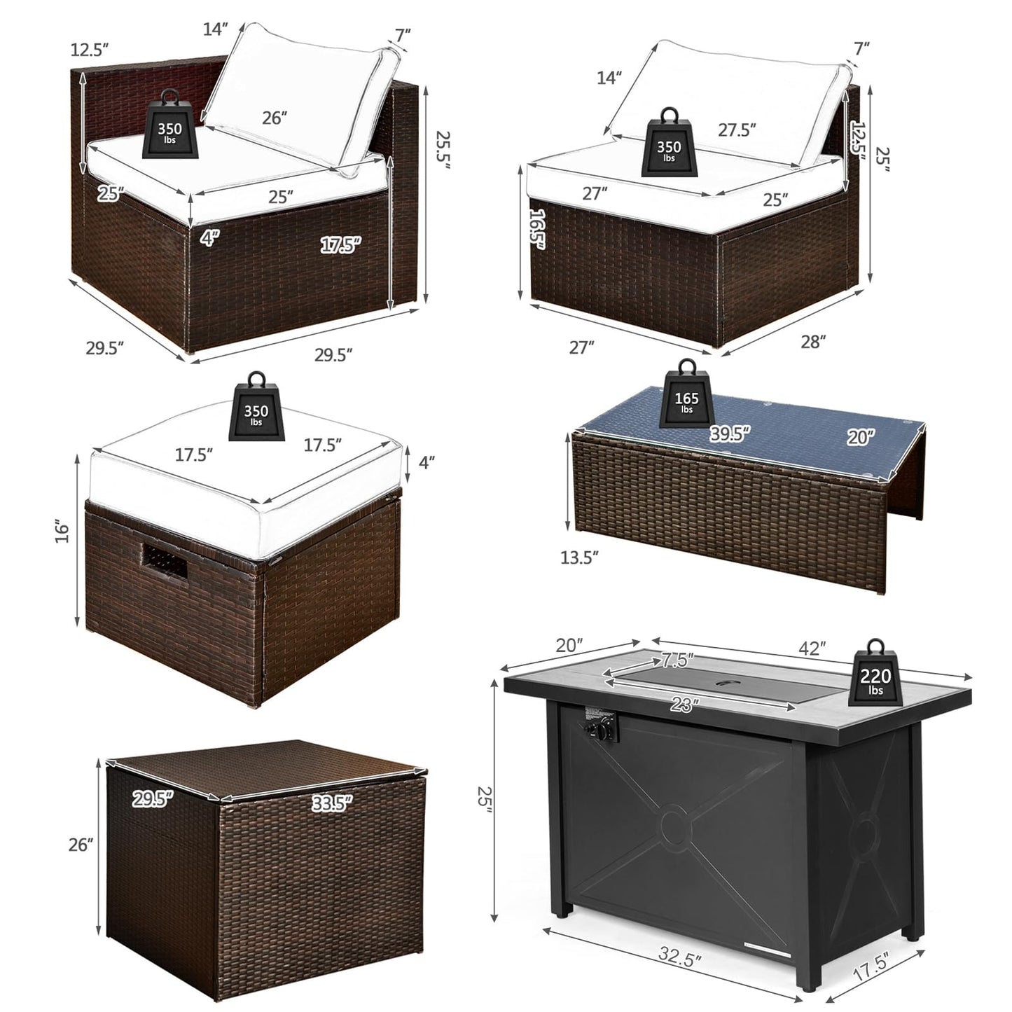 Tangkula 9 Pieces Patio 42” Propane Fire Pit Table Set, PE Wicker Space-Saving Set with Storage Box and Cushions, 60,000 BTU Fire Pit Table