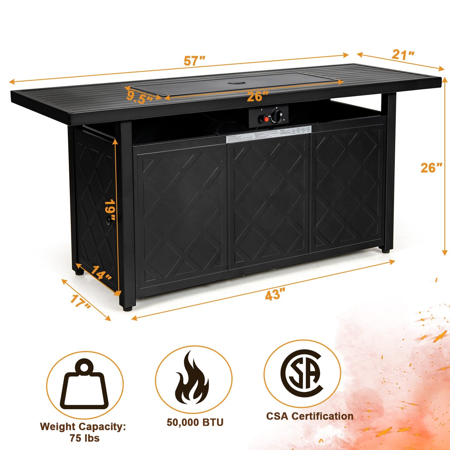 Tangkula 57 Inches Propane Fire Pit Table, Patiojoy 50,000 BTU Outdoor Rectangular FirePit Table