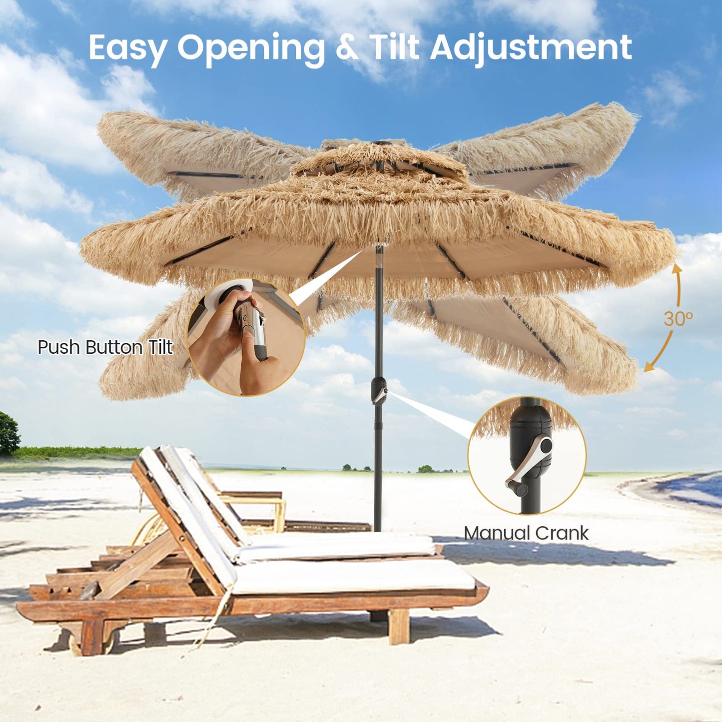 Tangkula 9 ft Thatched Patio Umbrella, 2 Tier Hawaiian Style Grass Beach Umbrella with 32 Led Lights
