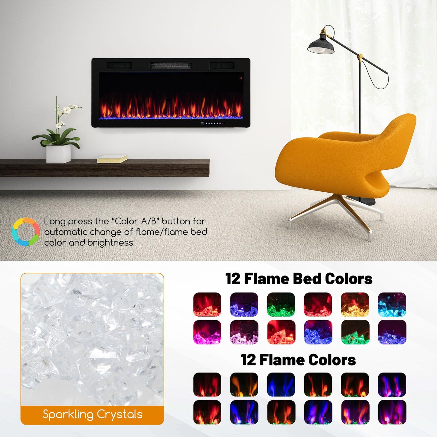 Tangkula 40 Inch Linear Electric Fireplace, Recessed & Wall-Mounted Fireplace Heater with Multi-Color Flame