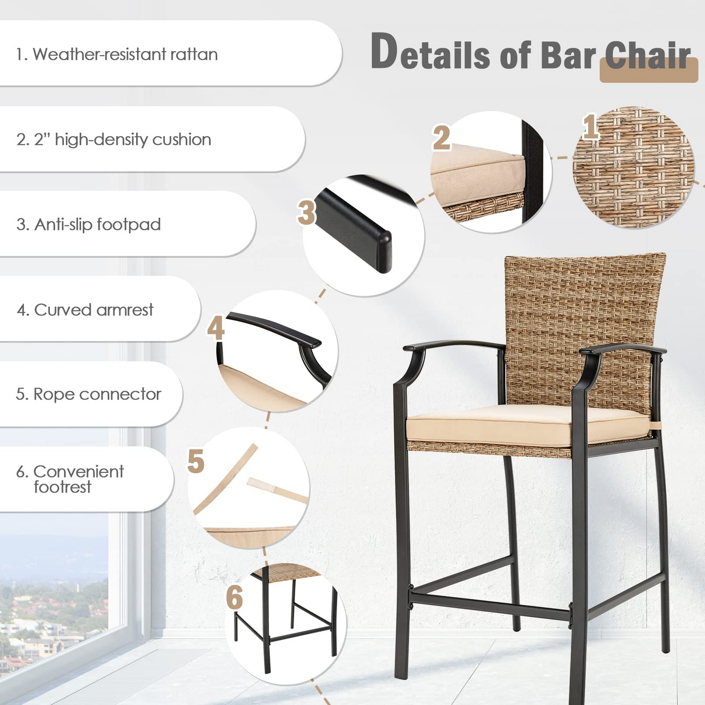 Tangkula Patio Rattan Bar Stools Set of 4, Outdoor Wicker Bar Height Chairs
