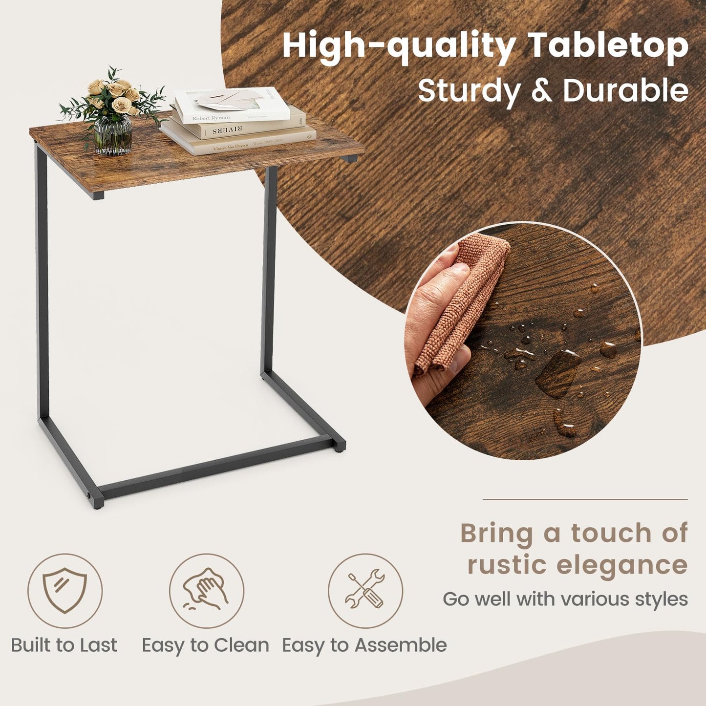 Tangkula C Table Snack Table Over Bed Table with Metal Frame