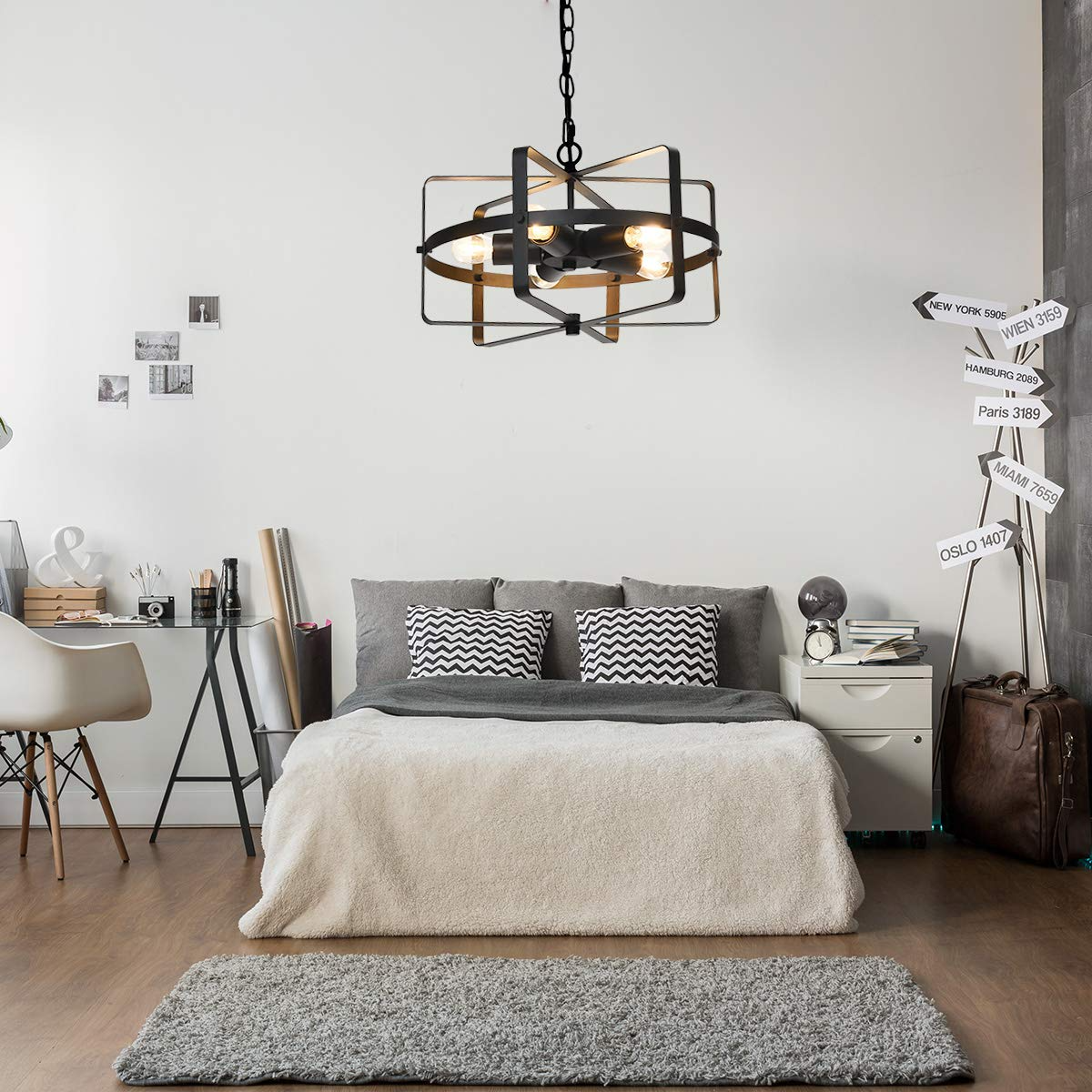 Tangkula 5 Lights Chandelier, Industrial Style Drum Shape Round Ceiling Lamp with Adjustable Hanging Chain & 5 E26 Lamp Holders