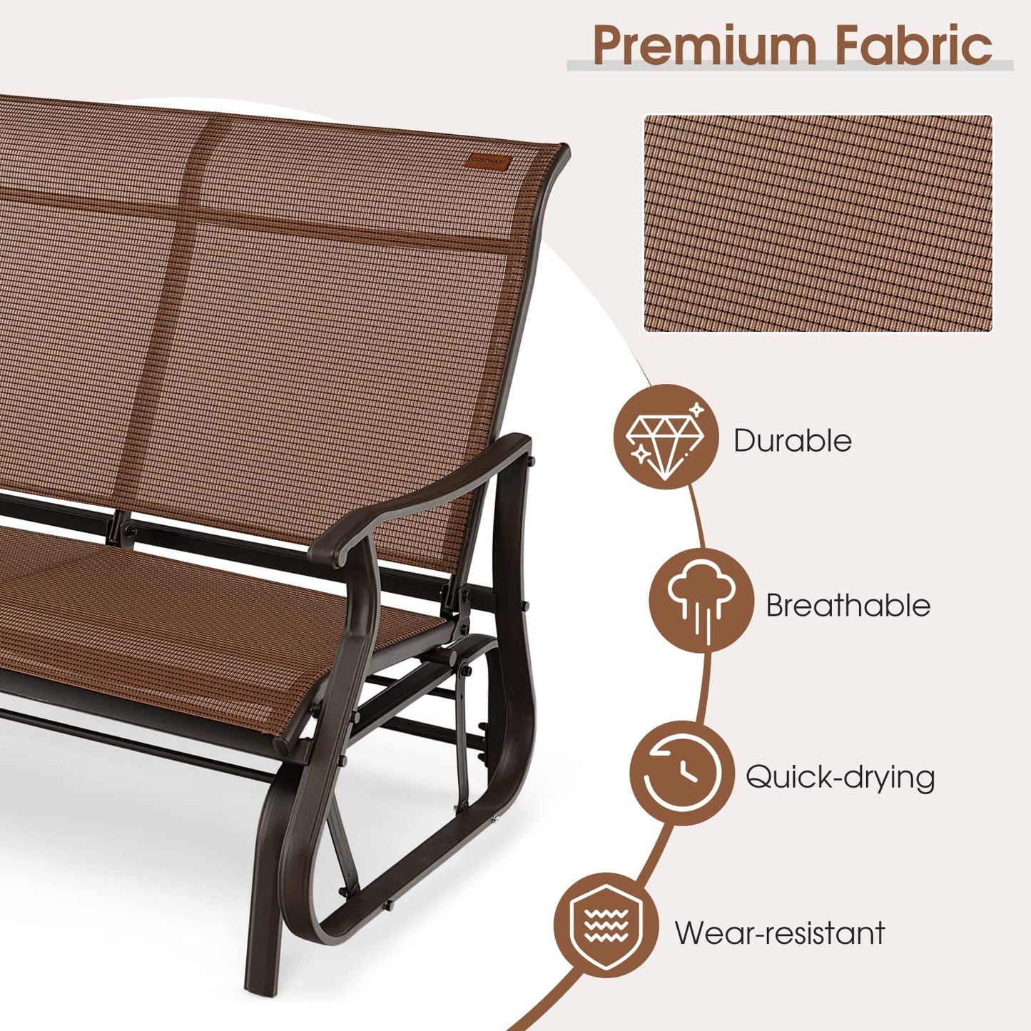 Tangkula Patio Glider Bench, 2-Person Outdoor Rocking Bench with High Back & Curved Armrests(Brown)