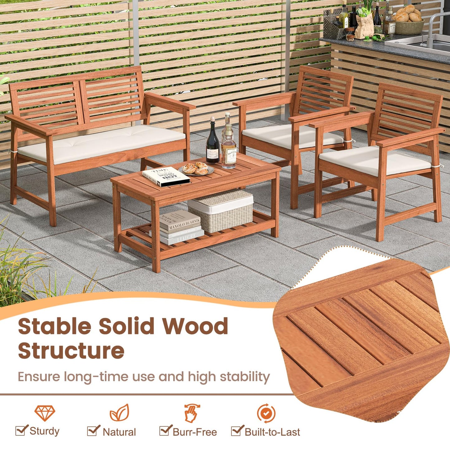 Tangkula 4 Piece Patio Conversation Set Wood Sofa Set with Soft Seat Cushions 2-Tier Rectangle Coffee Table