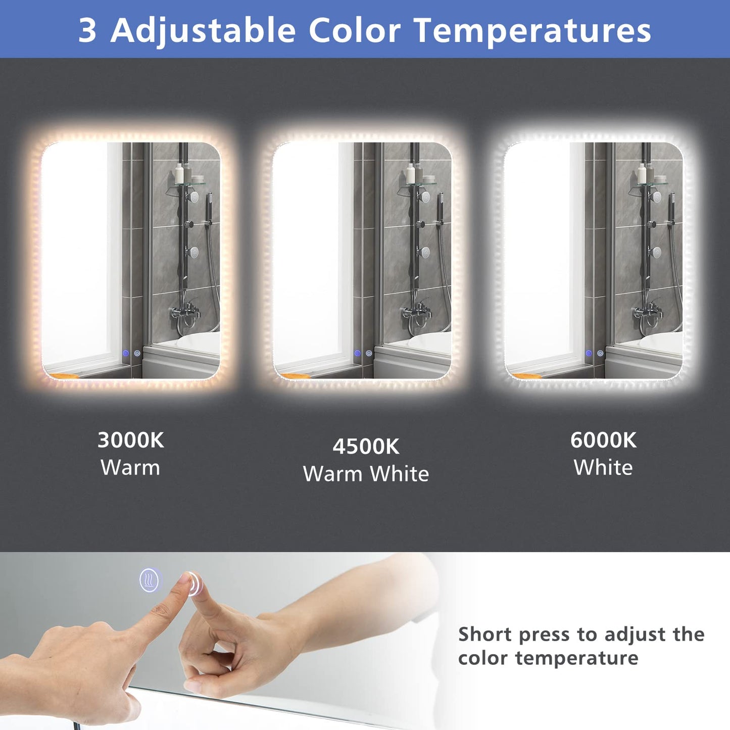 Tangkula 80CMx60CM Mirror with LED Lights with Dimmable 3 Color Temperatures
