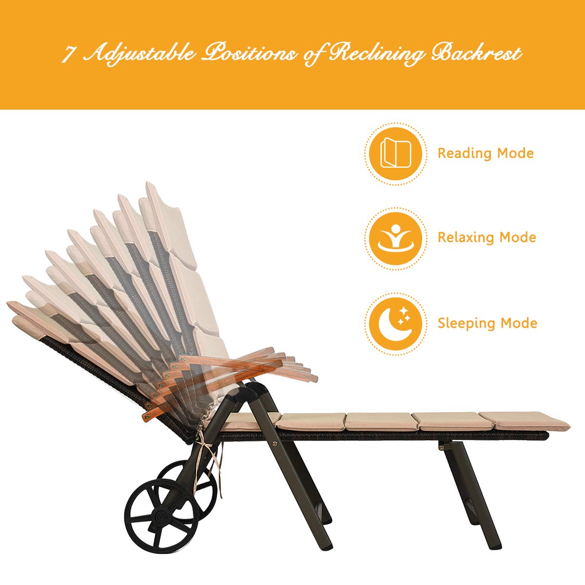 Tangkula Foldable Outdoor Chaise, Wicker Lounger Chair with Aluminum Frame, with Wheels for Easy Moving