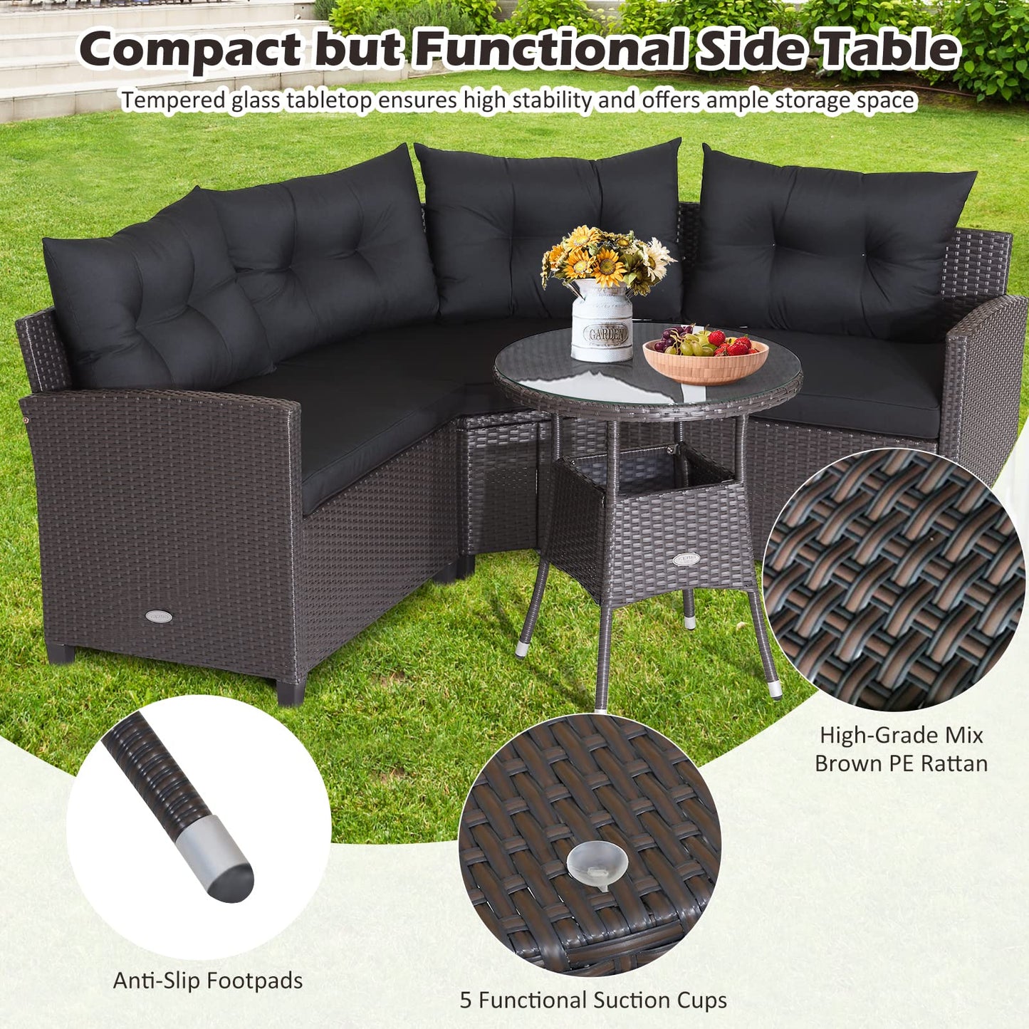 Tangkula 4 Piece Outdoor Sofa Set, Patio Rattan Corner Chair Set W/Round Side Table