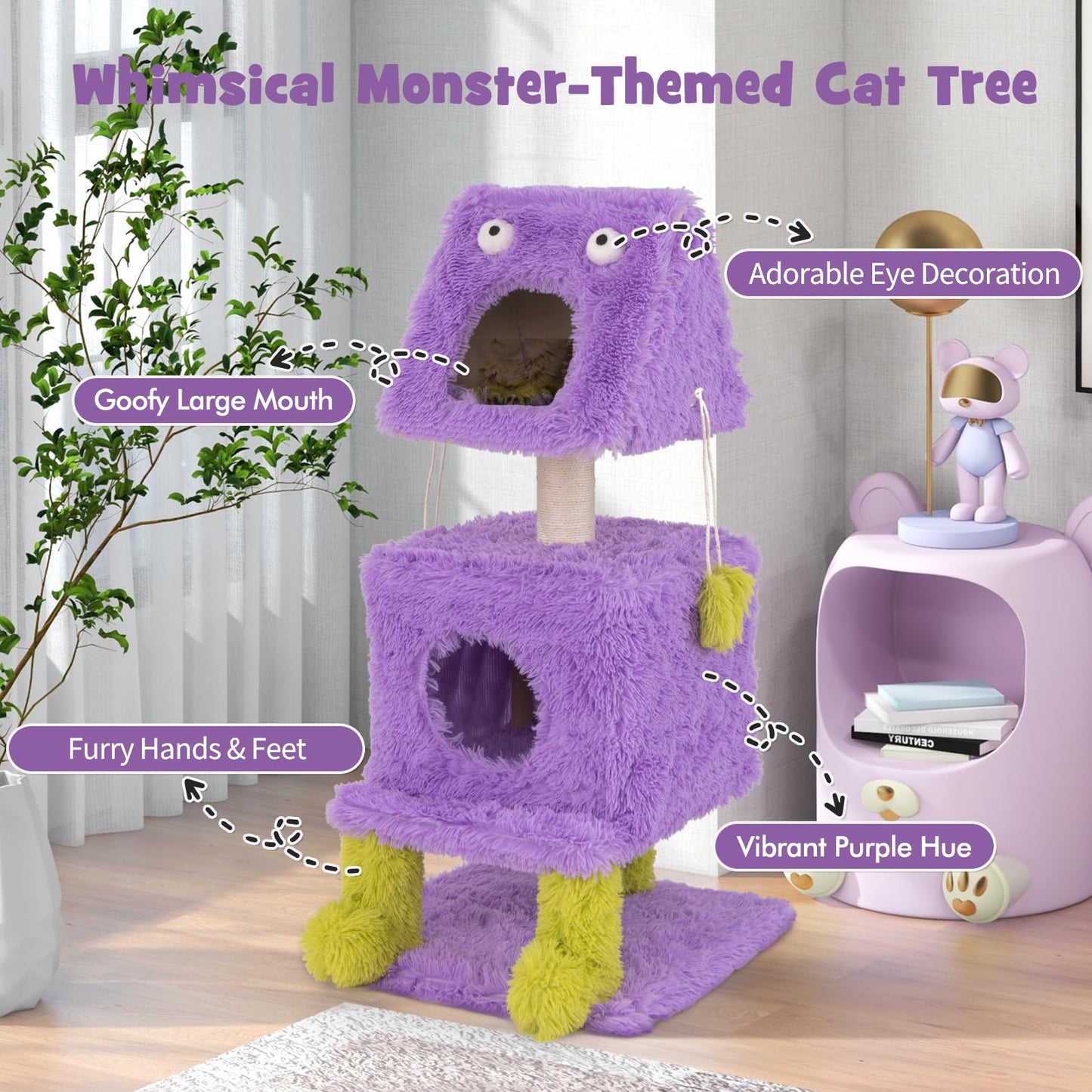 Arbre à chat Tangkula sur le thème des monstres, centre d'activités à 3 niveaux avec 2 cabanes privées pour chats