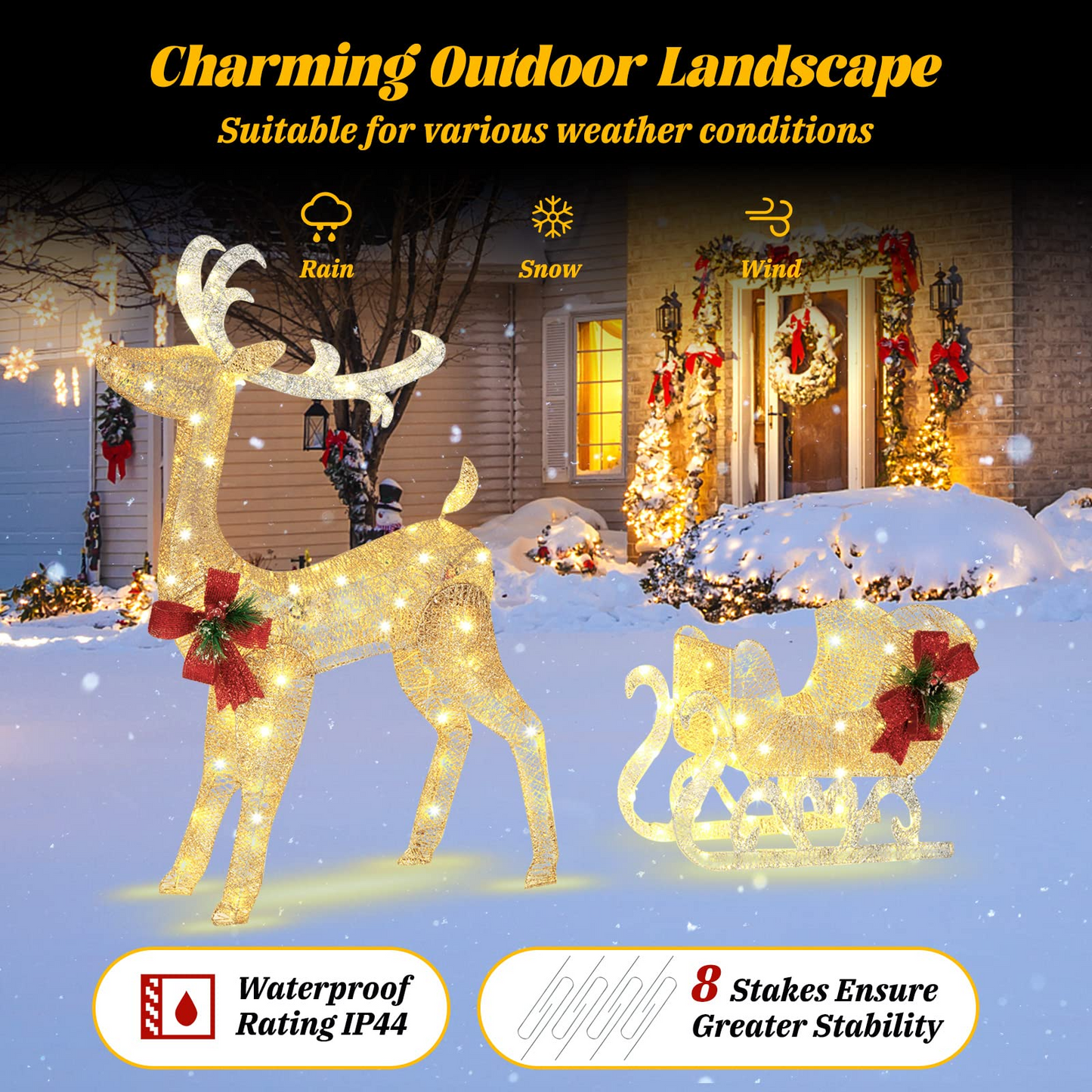 Tangkula 4.7 FT Lighted Christmas Reindeer & Sleigh, Xmas Lighted Outdoor Decoration with 100 Warm Lights