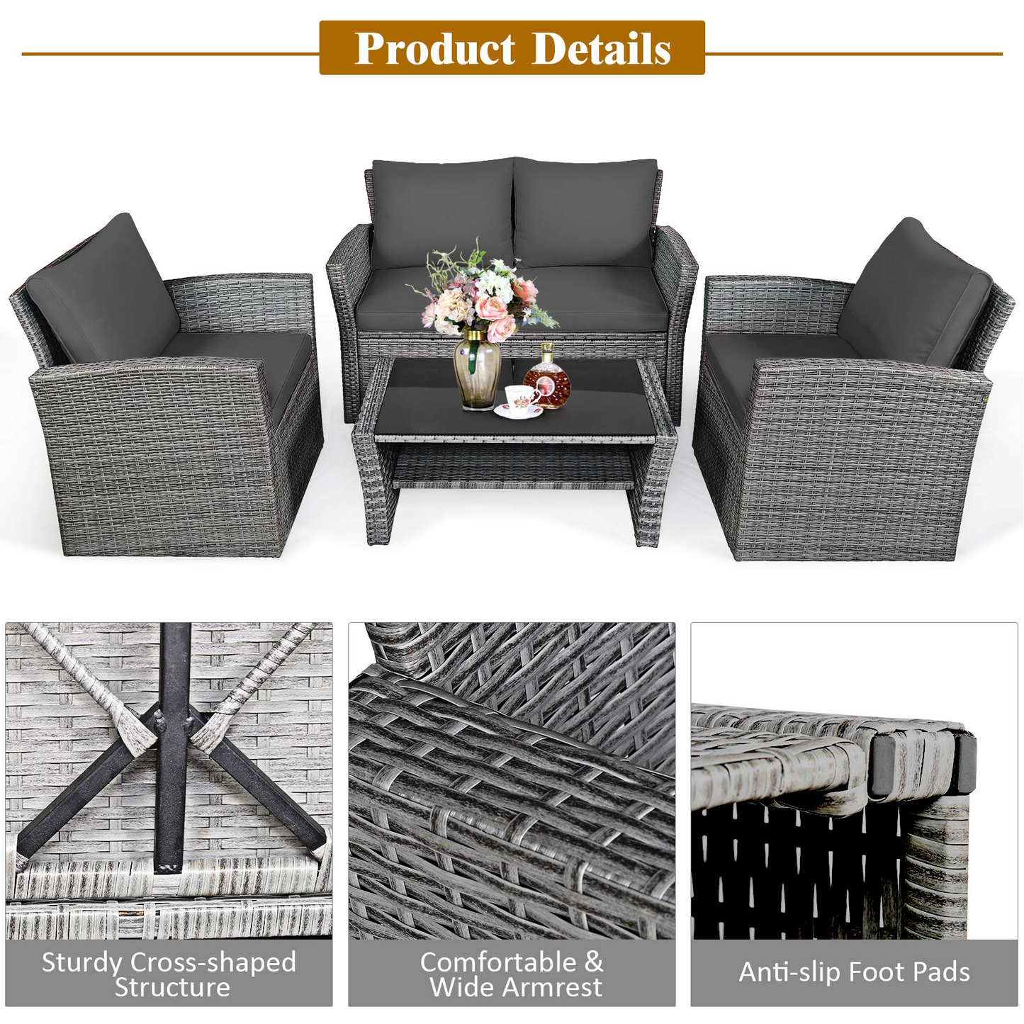 Tangkula 4 Pieces Patio Furniture Set, Outdoor Conversation Set with Cushions and Coffee Table