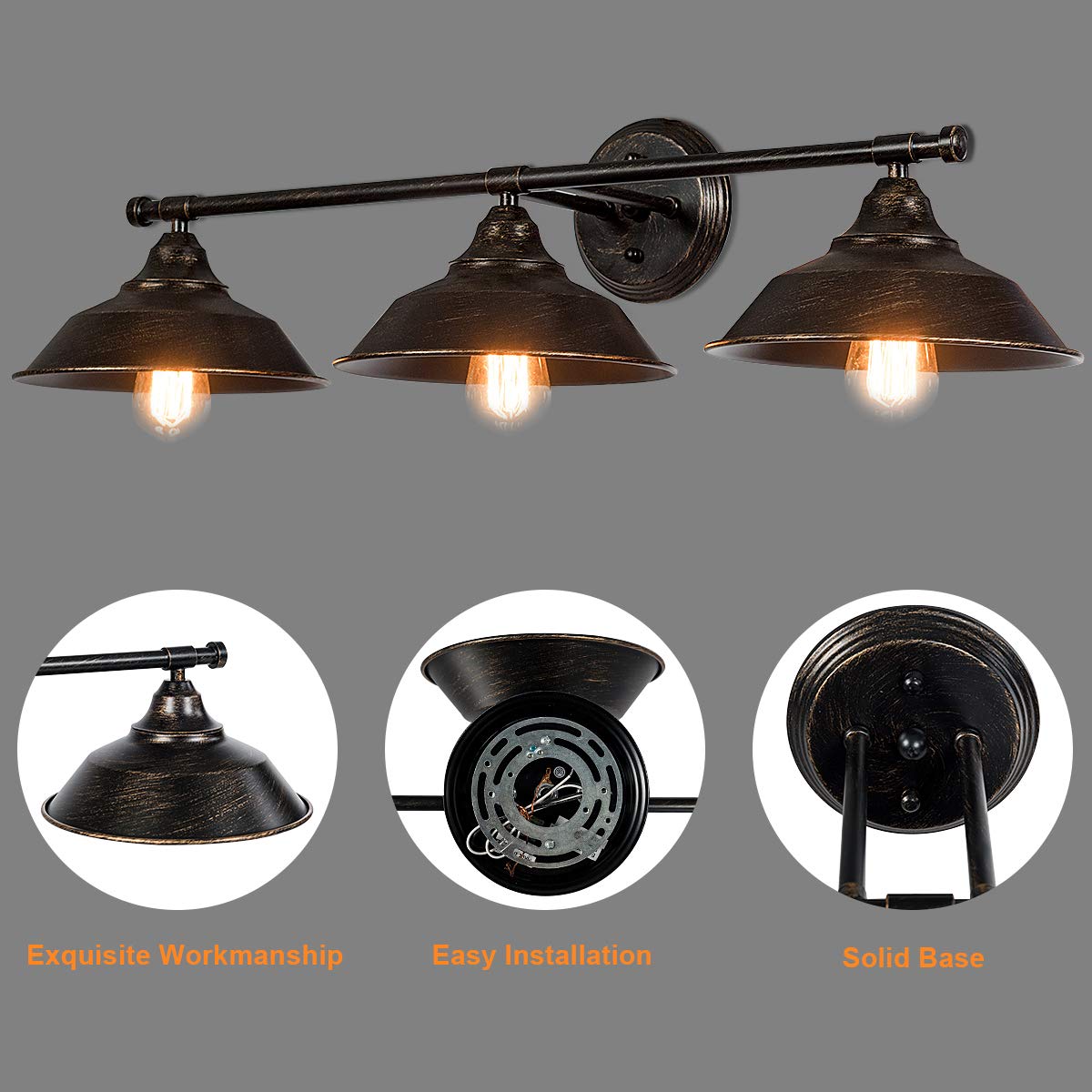 Tangkula Vanity Light, 3 Light Wall Sconce, Industrial Metal Wall Mount Lamp(Black)