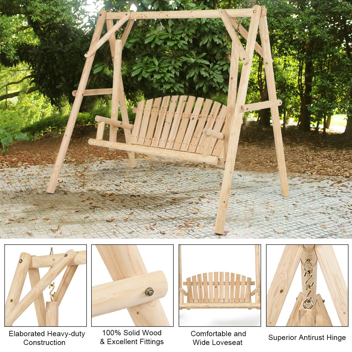 Tangkula Wooden Porch Swing for Patio Garden Yard