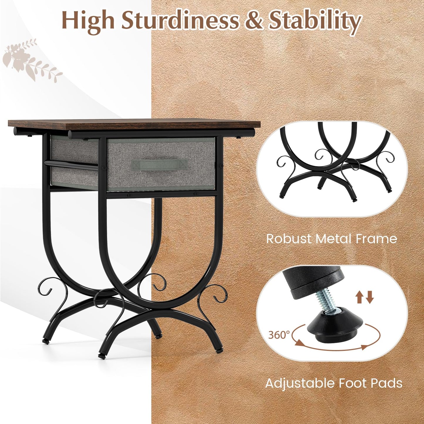 Tangkula Nightstand with Fabric Drawer for Bedroom Living Room Small Space