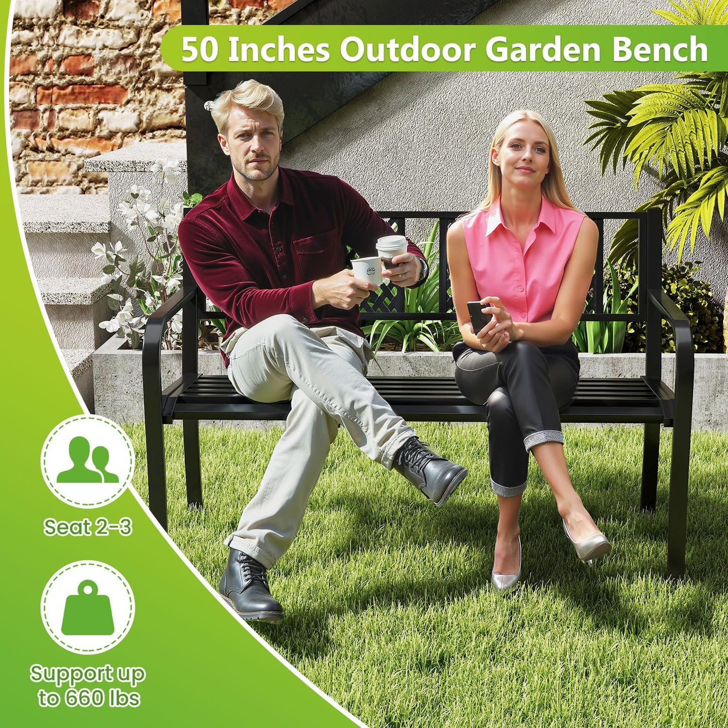 Tangkula Metal Outdoor Garden Bench with Patterned Backrest and Curved Armrests