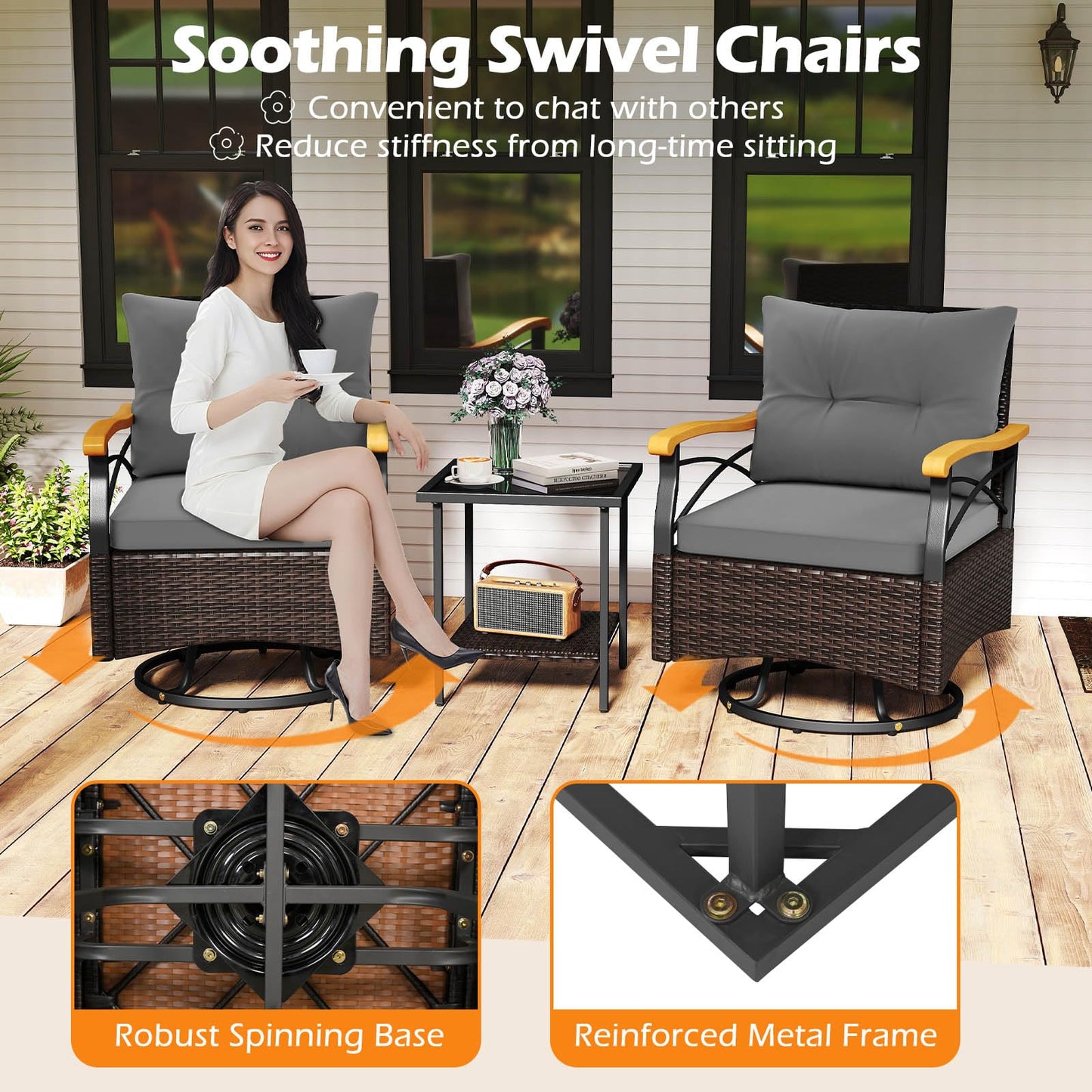 Tangkula 3 Piece Outdoor Swivel Chair Set with 2 Tier Tempered Glass Side Table