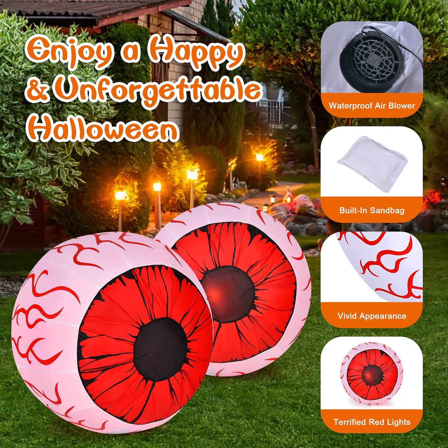 2 Pack 3 FT Halloween Inflatable Huge Eyeballs W/ Air Blower, Red LED Lights