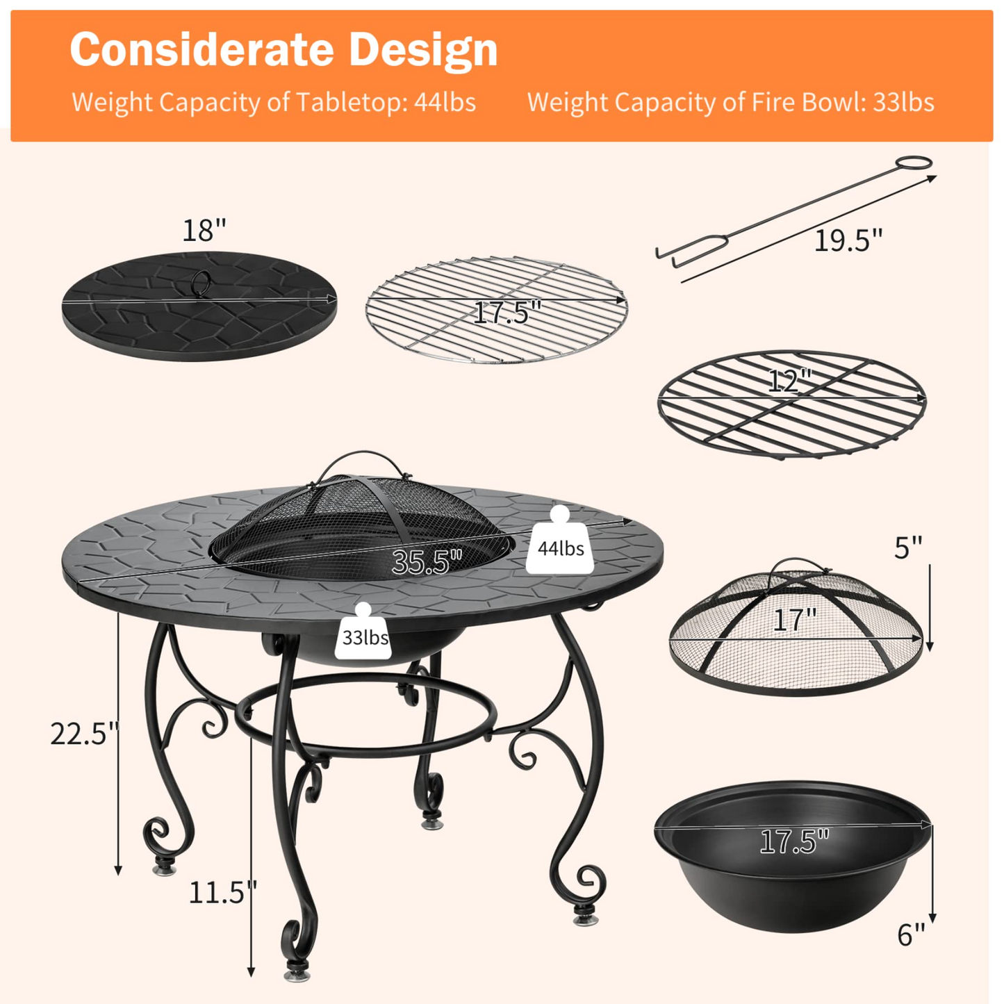 Tangkula Outdoor Fire Pit Table, 4 in 1 36 Inch Round BBQ Garden Fire Bowl with Lid, Bonfire Wood Burning Fire Pit for Outside Backyard