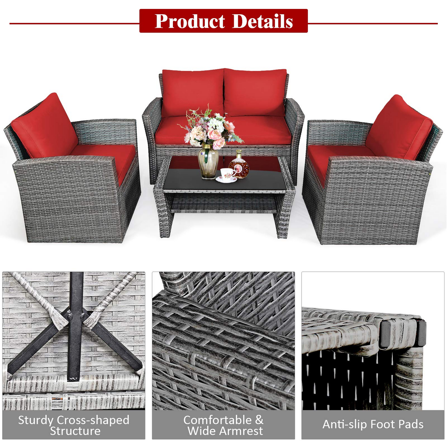 Tangkula 4 Pieces Patio Furniture Set, Outdoor Conversation Set with Cushions and Coffee Table