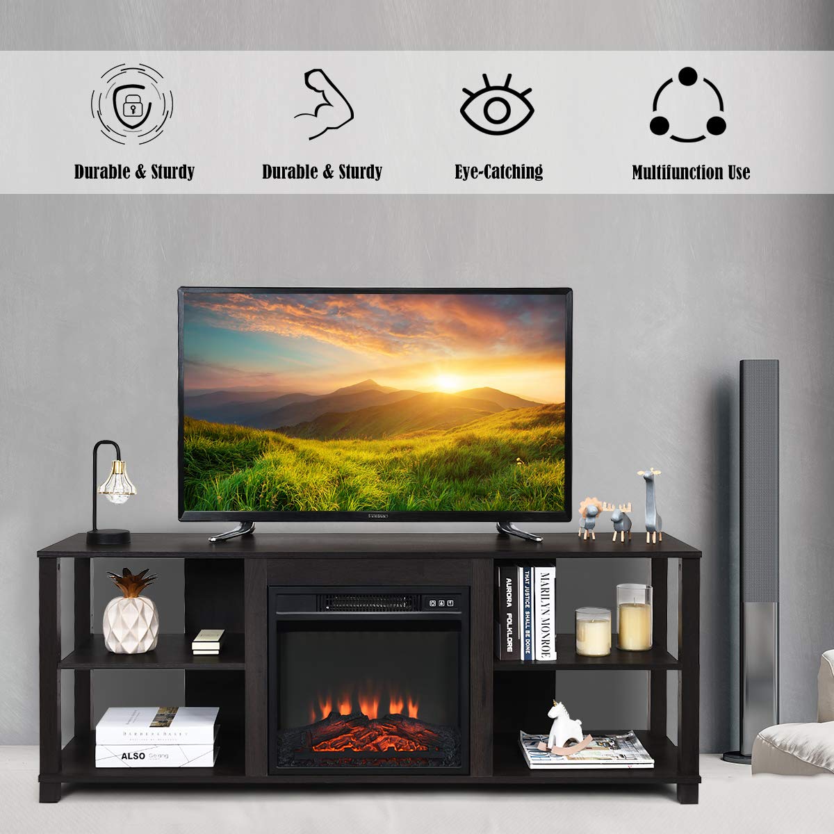 2-Tier TV Stand, Entertainment Television Stands Suitable for 18" Electric Fireplace (Not Included)