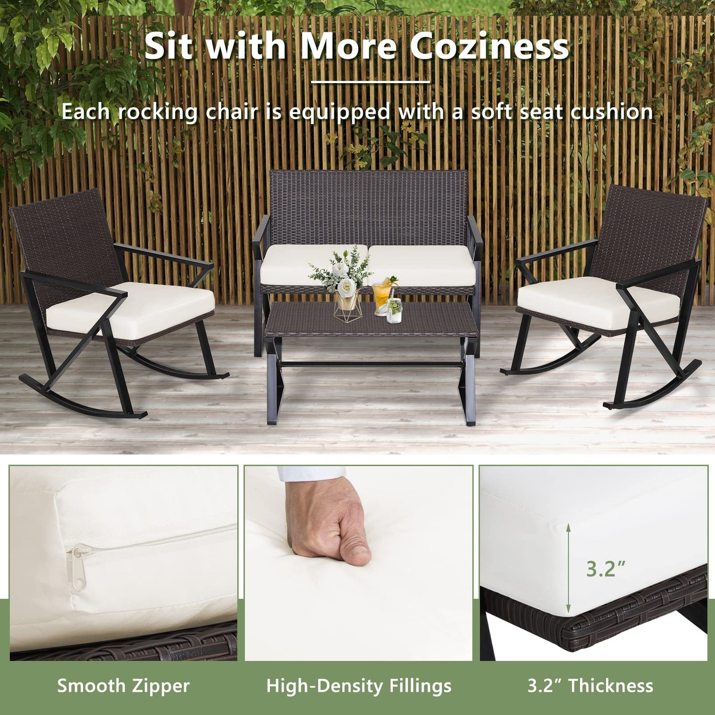 Tangkula 4 Piece Patio Rocking Furniture Set Patiojoy PE Wicker Loveseat