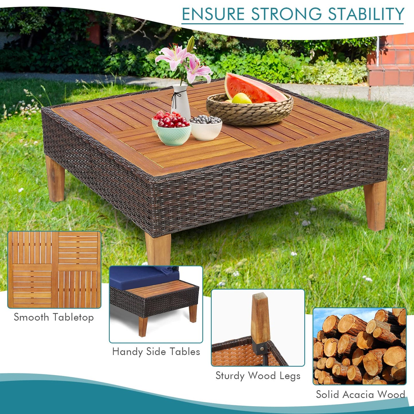 4 Pieces Acacia Wood Patio Conversation Set, Sofa Set with Coffee Table, Corner Sofa & 2 Loveseats