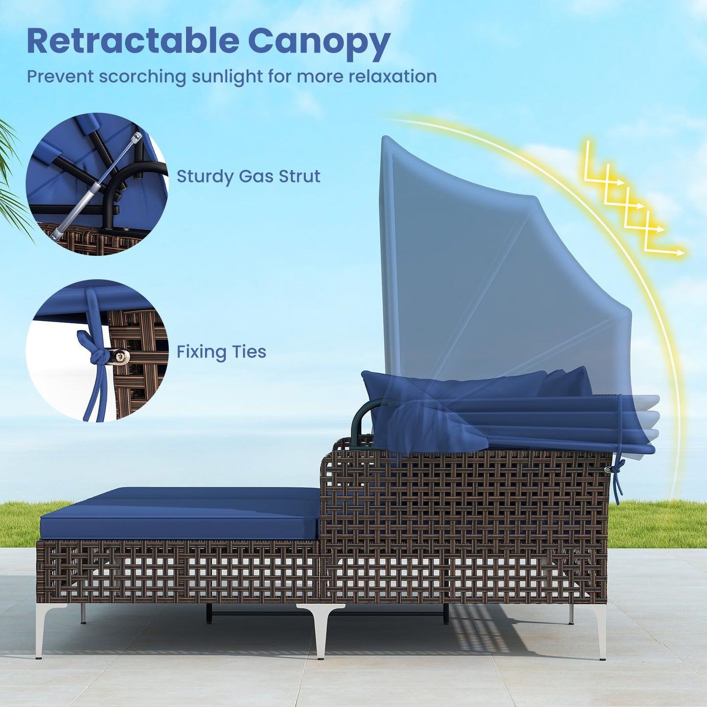 Tangkula Outdoor Rattan Double Daybed with Metal Support for Backyard