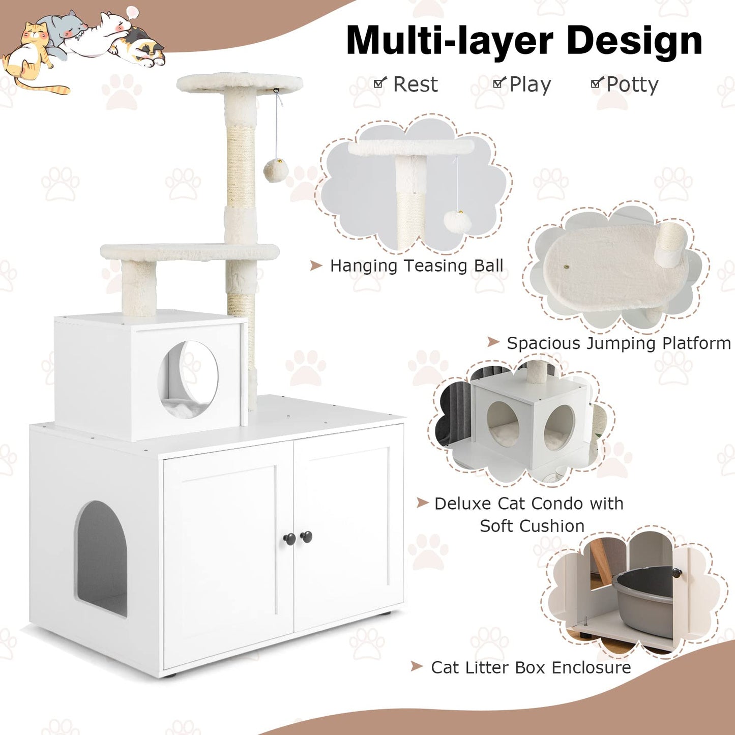 Tangkula Litter Box Enclosure with Cat Tree Tower, 2-in-1 Hidden Cat Washroom with Cat Condo