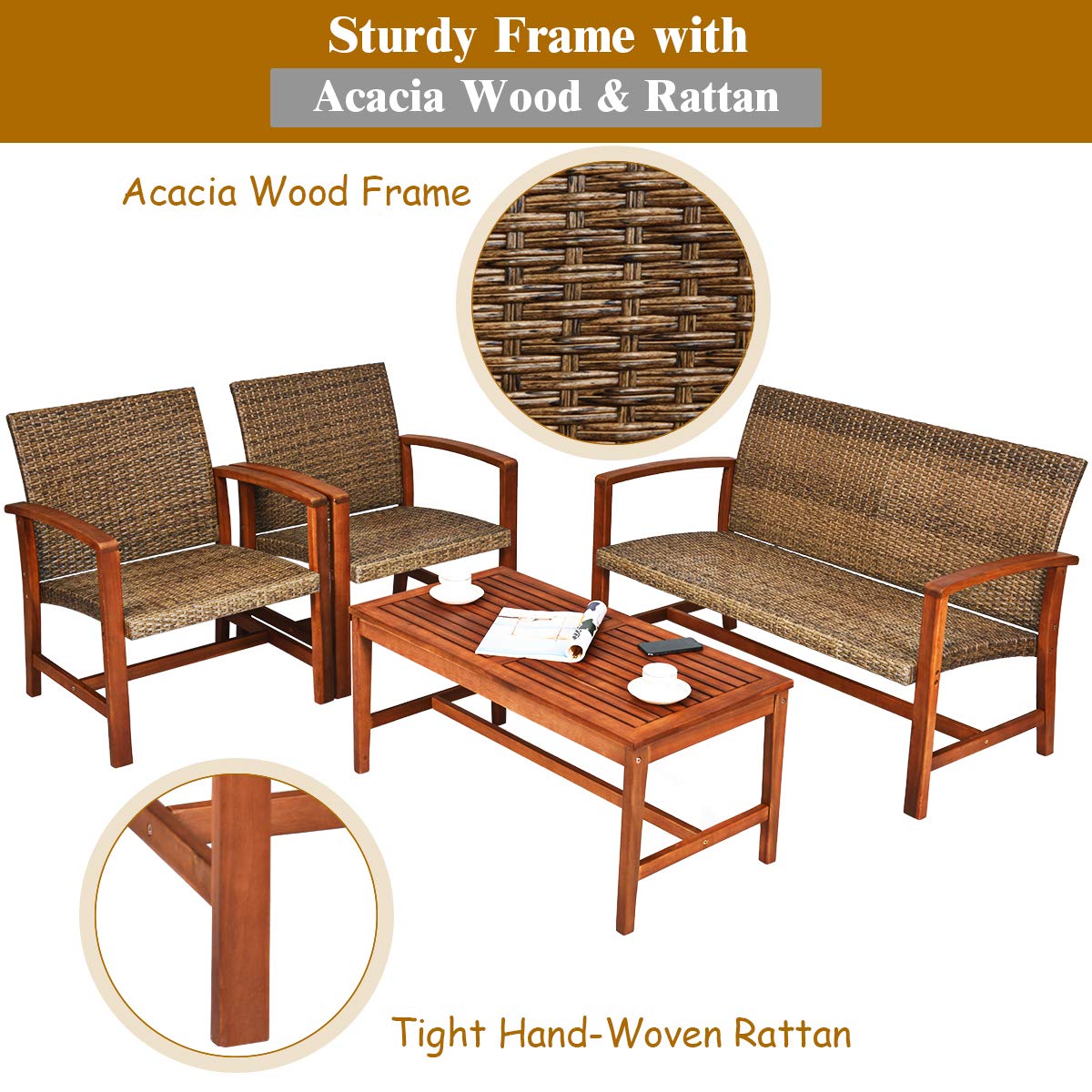 Tangkula 4 PCS Patio Acacia Wood Rattan Conversation Set