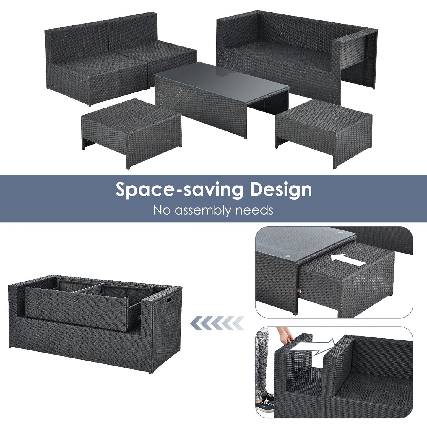6 Pieces Patio Rattan Furniture Set, Patiojoy No Assembly Outdoor Conversation Set