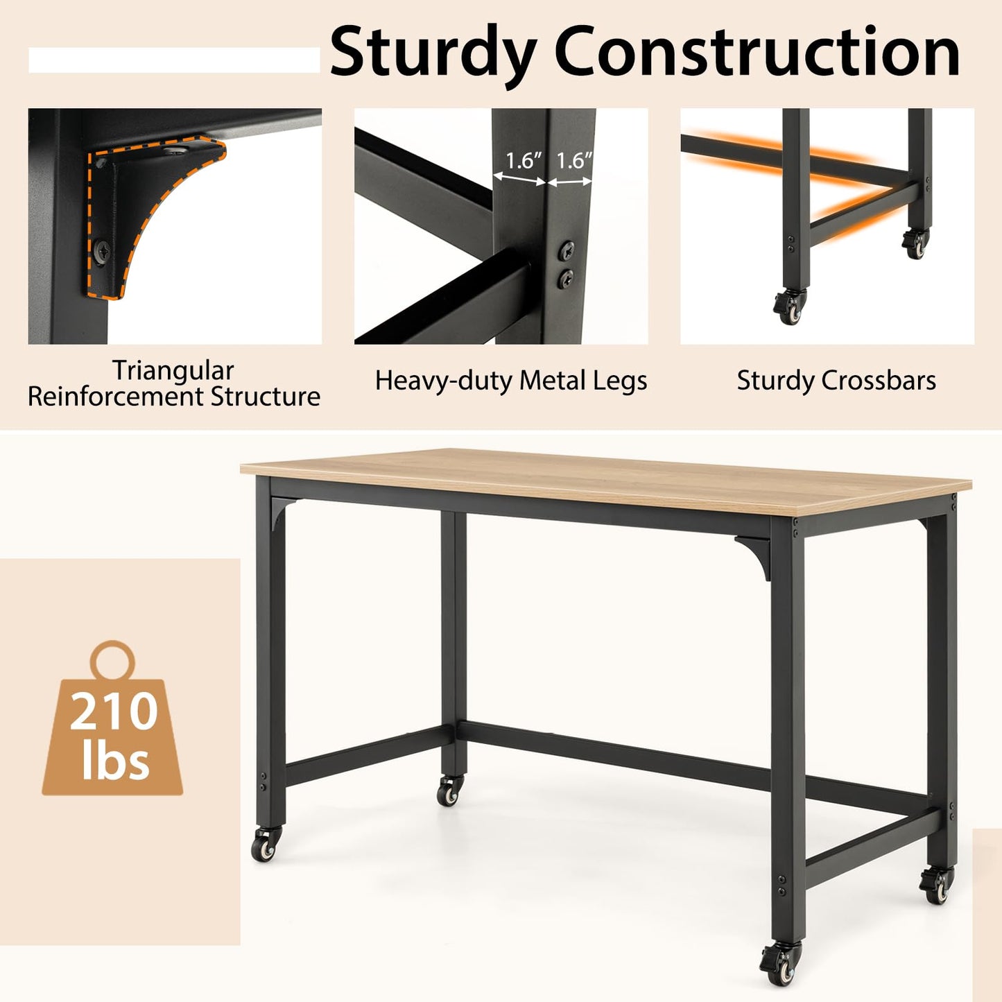 Mobile Computer Desk, Simple Style Rolling Home Office Desk Study Table Writing Desk