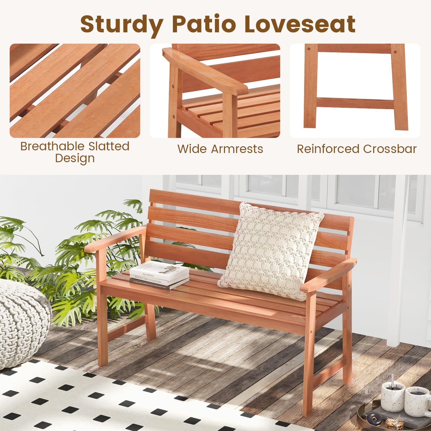 Tangkula 48 Inch Hardwood Patio Bench, Wood 2-Seat Chair with Breathable Slatted Seat & Inclined Backrest