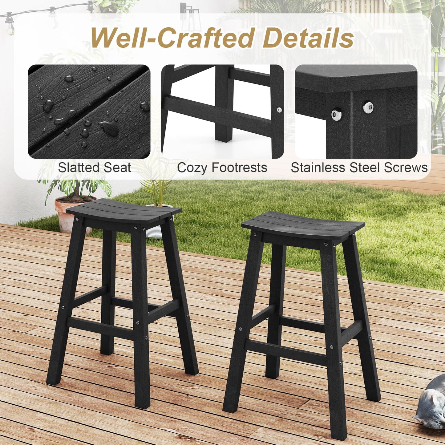 Tangkula Patio Bar Stools Set 29 Inch HDPE Bar Height Armless Saddle Stools with Curved Seat & Footrests