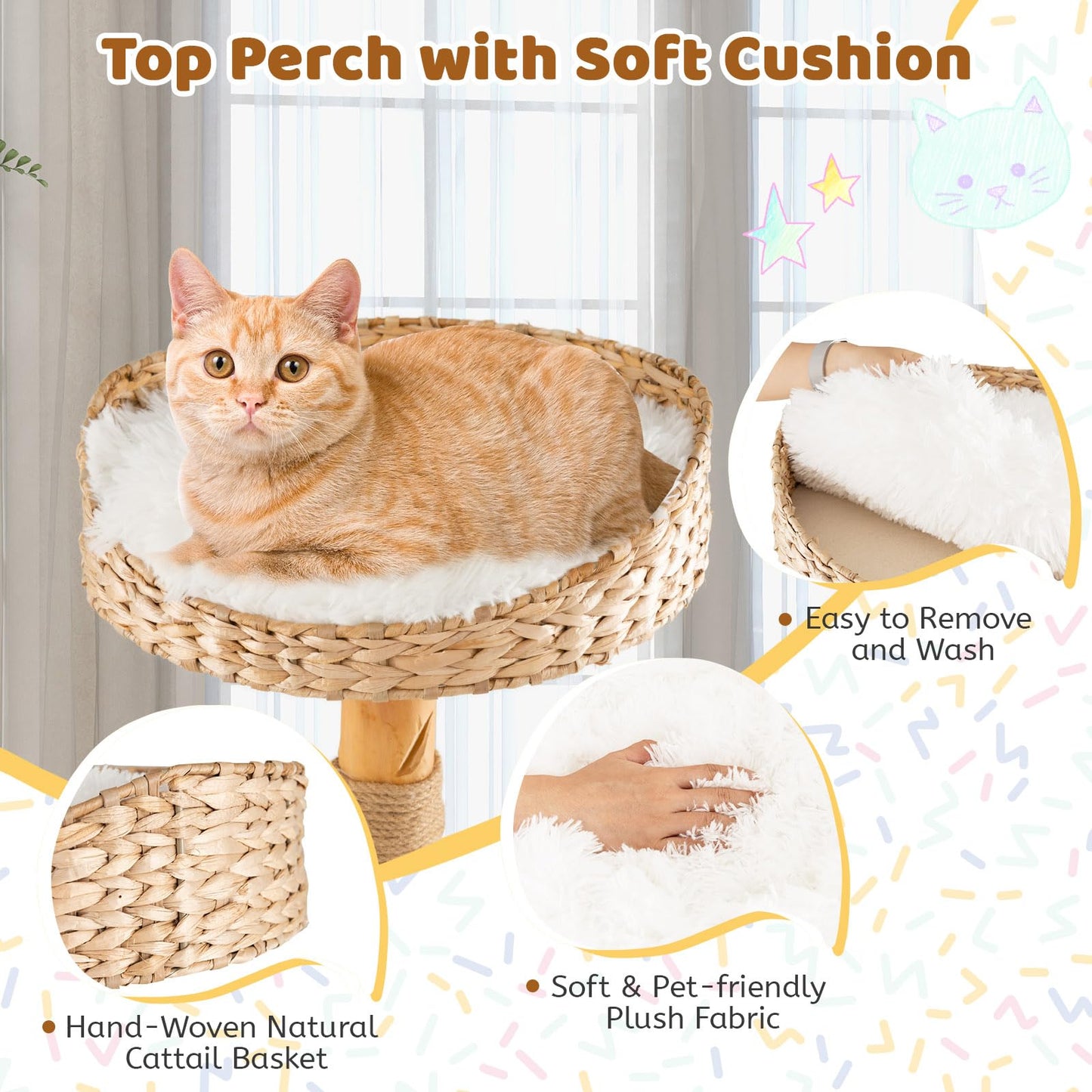 Tangkula Cat Tree Tower Solid Wood Modern Cat Tower with Top Cattail Basket Bed