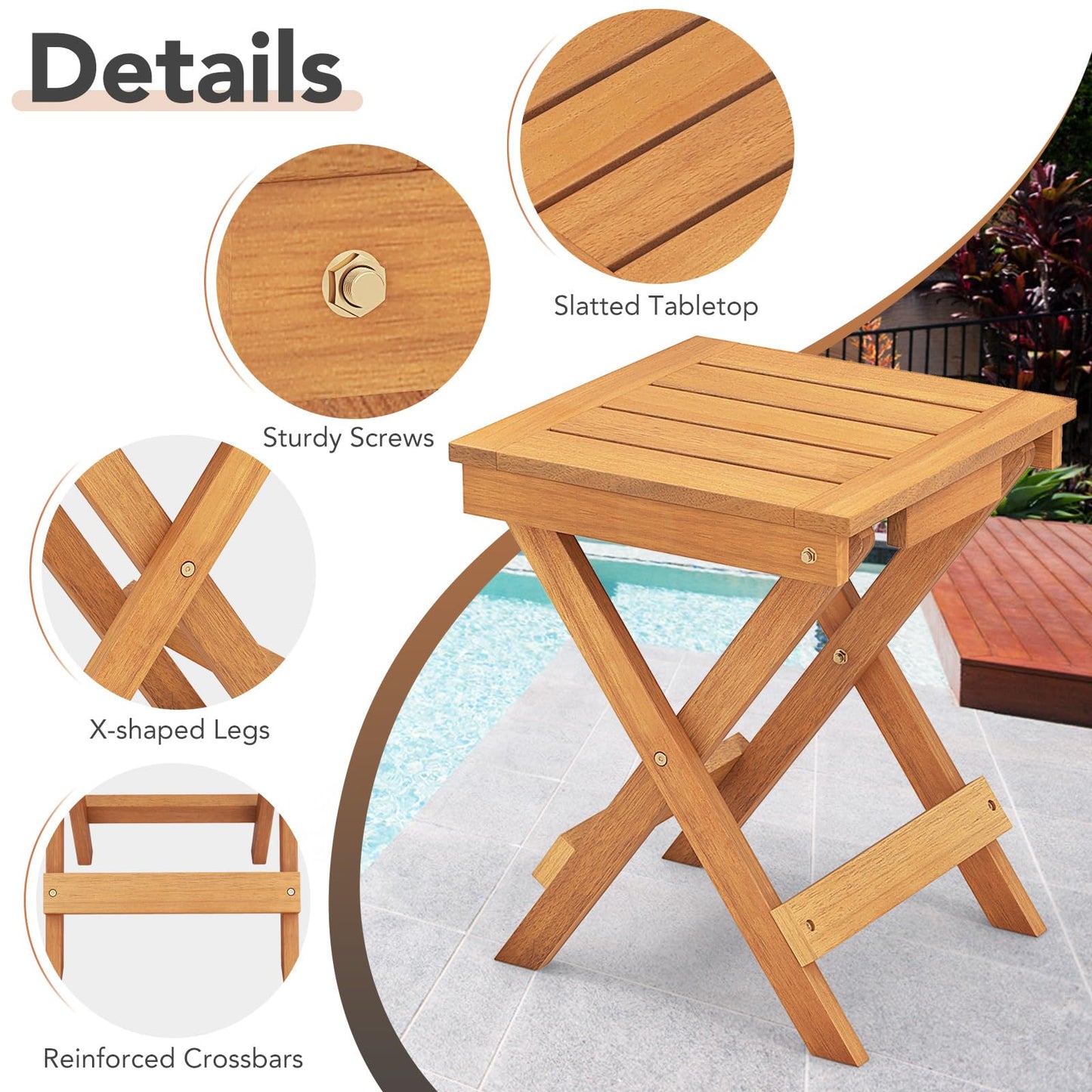 Tangkula Outdoor Folding Side Table, Hardwood Patio Bistro Table with Slatted Tabletop & X-Shaped Legs