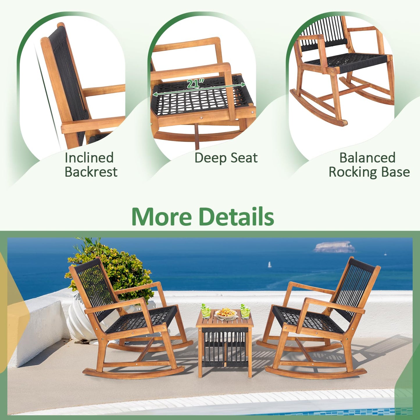 Tangkula 3 Pieces Acacia Wood Rocking Bistro Set, All-Weather Rope Woven Patio Furniture Set with Coffee Table