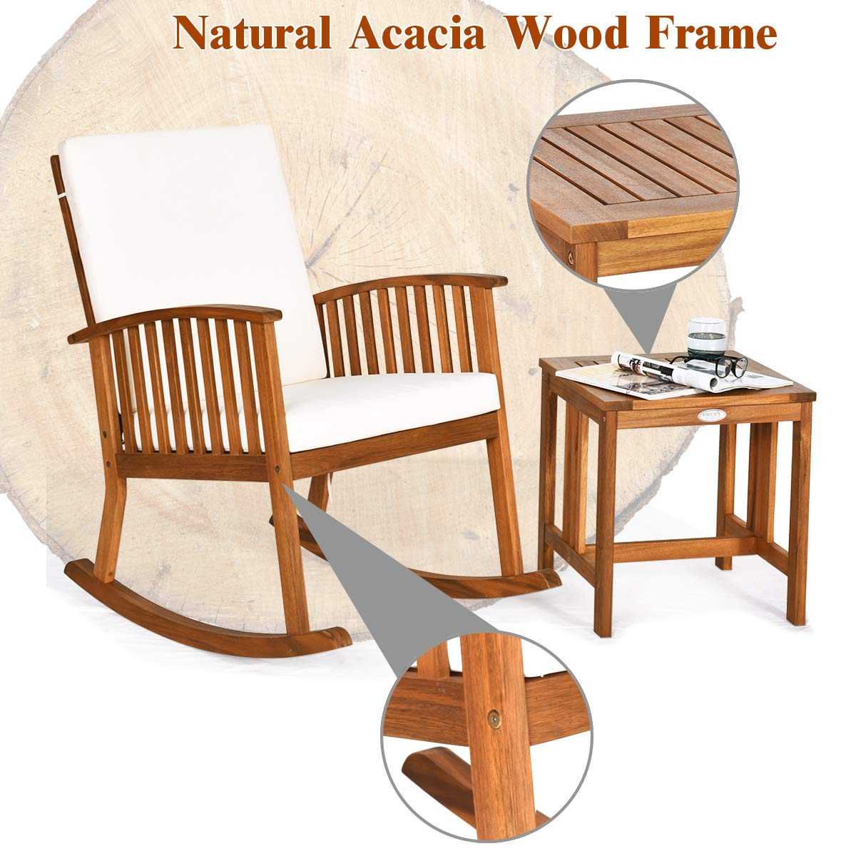 Tangkula Acacia Wood Patio Bistro Set, Outdoor Rocking Chair with Table