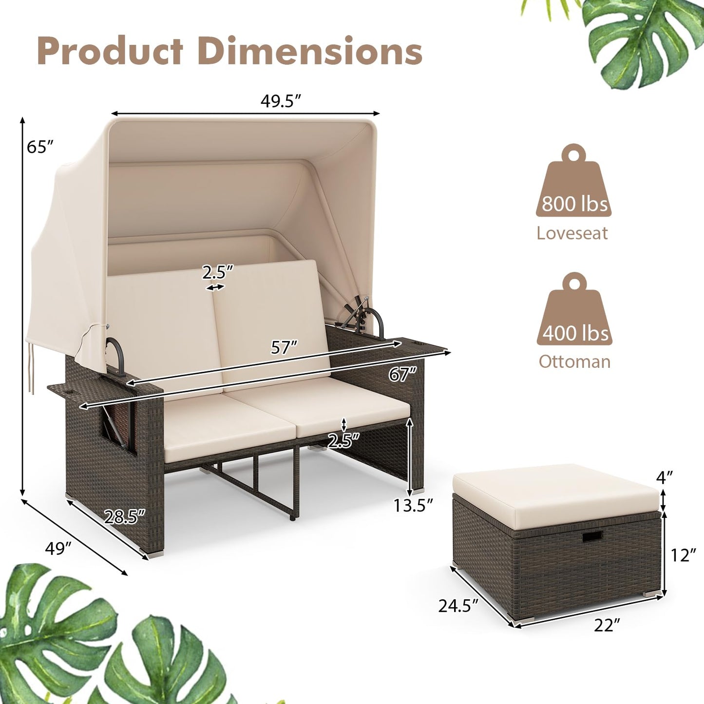 Tangkula Outdoor Patio Rattan Daybed w/Retractable Canopy & Adjustable Backrests