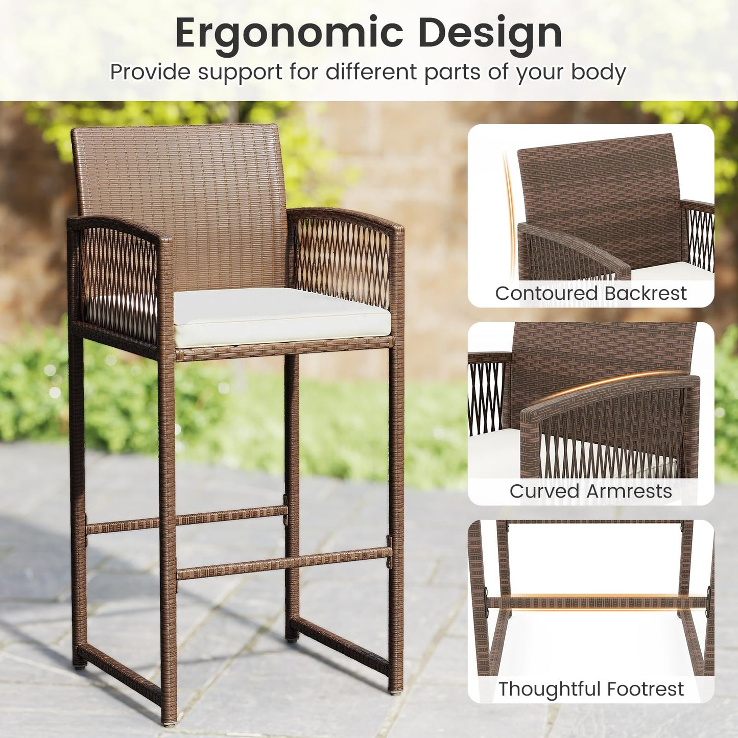 Tangkula Patio Bar Stools Set of 2/4 PE Rattan Bar Height Chairs